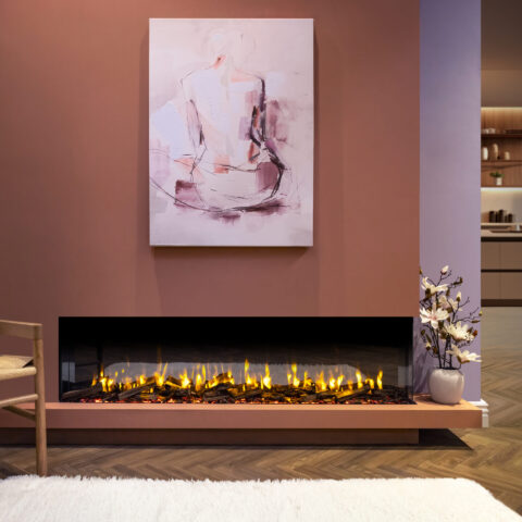 iRange i1500e Slimline in a Feature Wall with Orange Flame and Woodland Logs Straight Angle